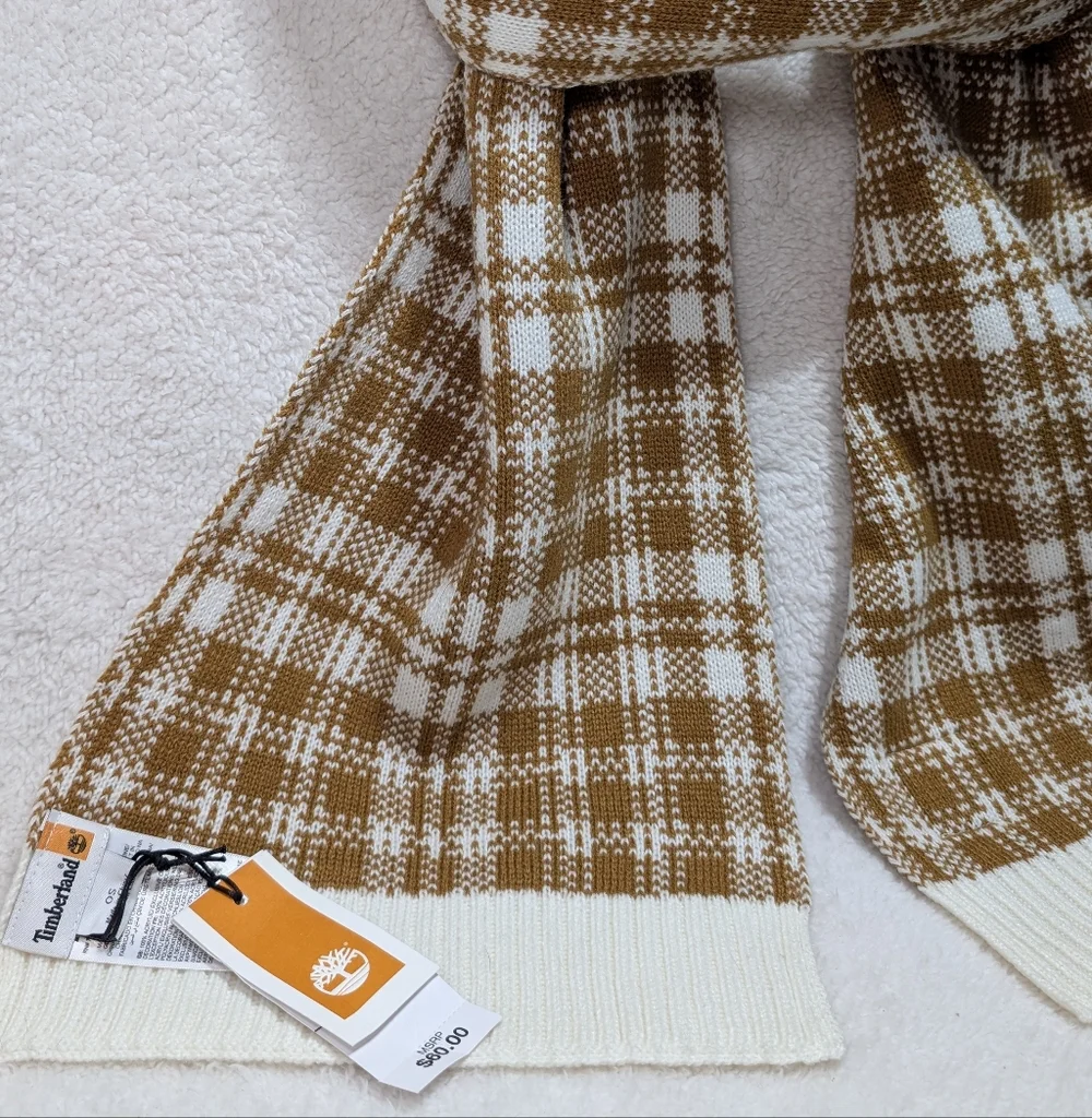 Timberland Brown and Cream Checkered Reversible Scarf 64x10 Fall Winter NWT